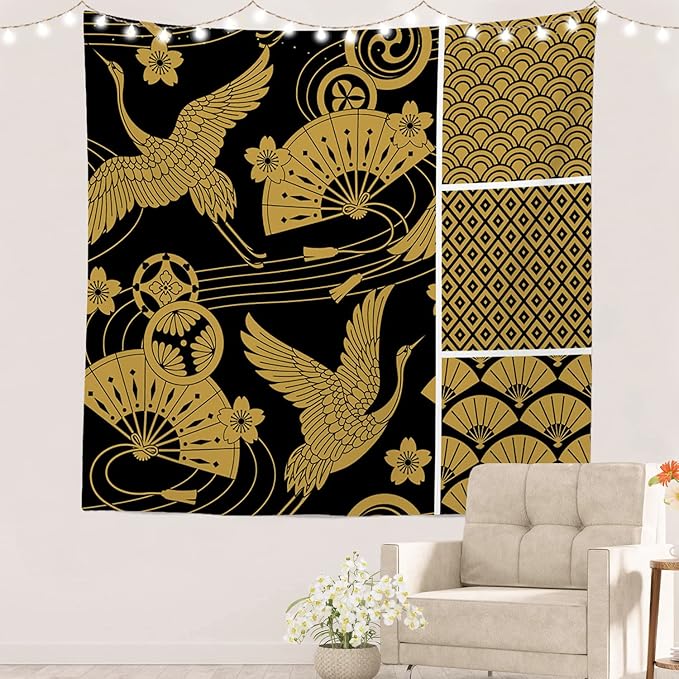 Batmerry Black Oriental Tapestry,Gold Japanese Fan Wall Art Hanging Decoration Polyester Fiber White Ruffled Around for Dorm Room Bedroom Living Room, 59.1x59.1 inches