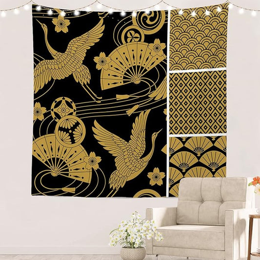 Batmerry Black Oriental Tapestry,Gold Japanese Fan Wall Art Hanging Decoration Polyester Fiber White Ruffled Around for Dorm Room Bedroom Living Room, 59.1x59.1 inches
