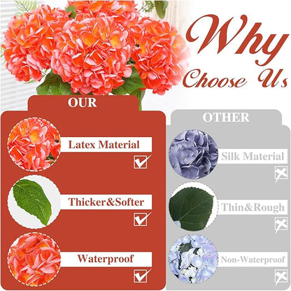 Nubry 22.44In Orange Hydrangea Artificial Flowers,4Pcs Latex Faux Real Touch Large Hydrangea Flowers with Long Stems & Leaves for Home Office Decor Wedding Party Arrangements(Orange)