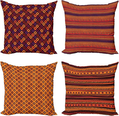 Ambesonne Ethnic Throw Pillow Cushion Case Pack of 4, Tribal Folkloric Pattern of Geometric Forms Shapes and Stripes Print, Modern Accent Double-Sided Digital Printing, 24", Orange Plum