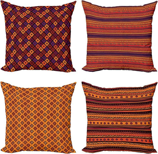 Ambesonne Ethnic Throw Pillow Cushion Case Pack of 4, Tribal Folkloric Pattern of Geometric Forms Shapes and Stripes Print, Modern Accent Double-Sided Digital Printing, 24", Orange Plum