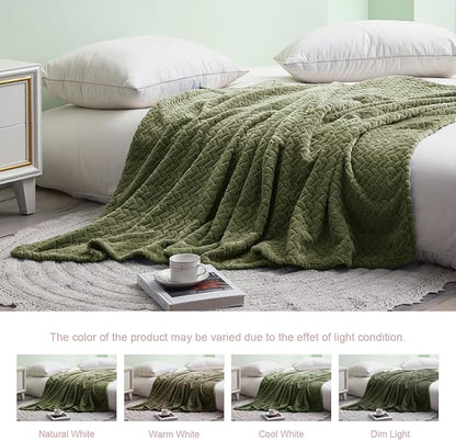 Exclusivo Mezcla Fleece Throw Blanket for Couch, 50x70 Inches Soft Cozy Jacquard Flannel Blankets, Lightweight Fuzzy Plush Warm Throws for Winter, Olive Green