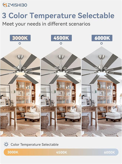 ZMISHIBO 72 inch Brushed Nickel Modern Ceiling Fans with Lights and Remote, Indoor/Outdoor Ceiling Fan for Living Room Patio, 6 Speed Reversible Quiet DC Motor, 3 CCT, Dual Finish Blades