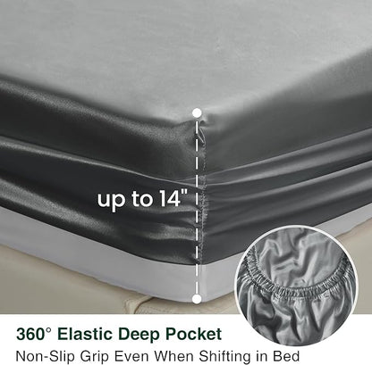 Love's cabin Full Size Satin Sheet Sets - 4 Piece Dark Grey Silky Sheet with Deep Pocket, Luxury Silk Feel Satin Bed Sheets Full Bedding Set (1 Flat Sheet,1 Fitted Sheet,2 Pillow Cases)