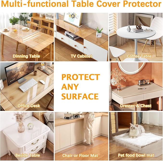 Clear Table Protector 39.4 x 70.9 Inch Thick Plastic Table Cover Protector Waterproof PVC Clear Tablecloth Protector Pad Vinyl Desk Top Protector Mat for Wood Coffee Glass Sofa Side Dining Room Table