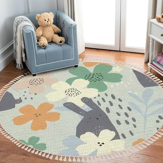 Round Rugs Floral Cute White Bunnies Hand Drawn Boho Area Rug Linen and Cotton Carpet Meditation Rug Washable Hallway Runner Mat Accent Rug for Bedroom Bathroom 3ft Multicolor