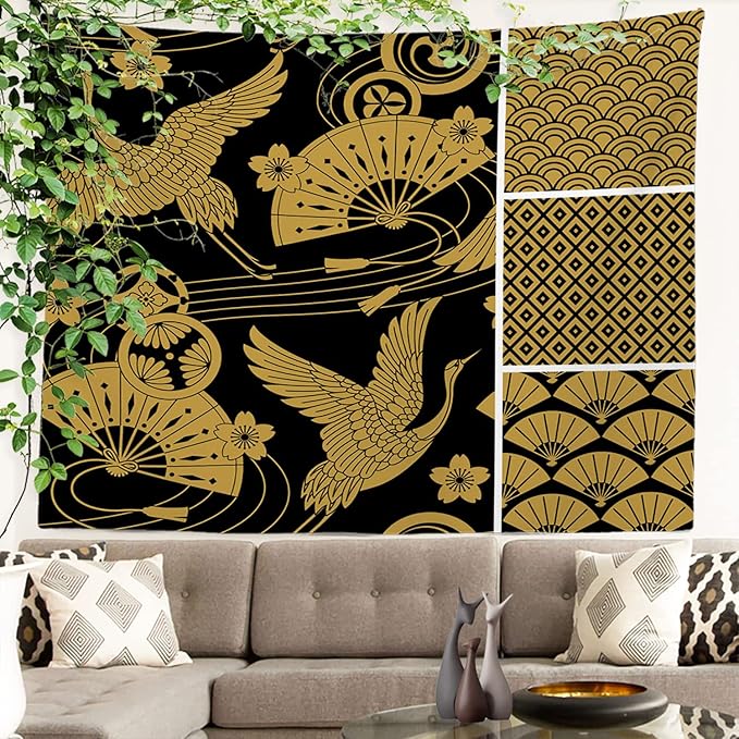 Batmerry Black Oriental Tapestry, Gold Japanese Fan Wall Art Hanging Decoration Polyester Fiber White Ruffled Around for Dorm Room Bedroom Living Room, 39.1x59.1 inches