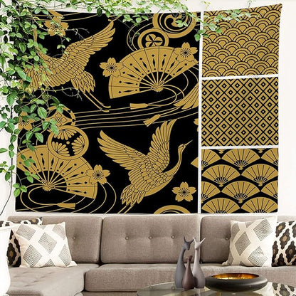 Batmerry Black Oriental Tapestry, Gold Japanese Fan Wall Art Hanging Decoration Polyester Fiber White Ruffled Around for Dorm Room Bedroom Living Room, 39.1x59.1 inches