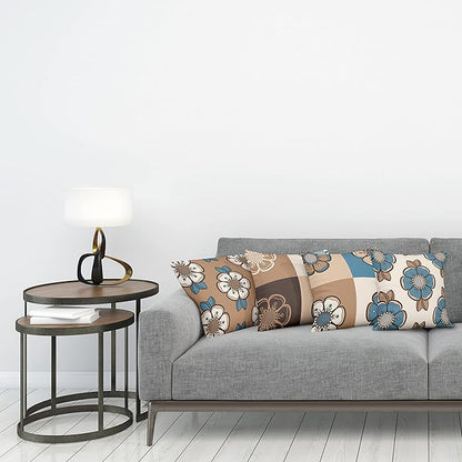 Ambesonne Retro Throw Pillow Cushion Case Pack of 4, Nostalgic Flower Petals Spring Vibes on Earthy Colors Mosaic Tile Themed, Modern Accent Double-Sided Digital Printing, 24", Sea Blue Umber and Tan