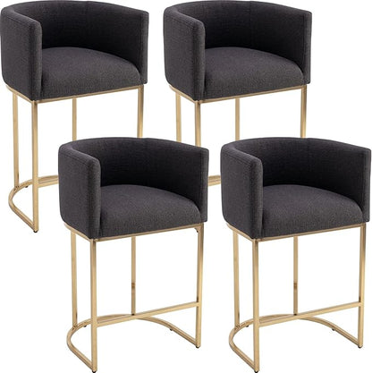 Modern Counter Height Linen Upholstered Bar Stools Set of 4, 29" Kitchen Counter Island Stools Bar Chairs with Gold Metal Frame for Kitchen Island, Charcoal