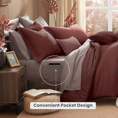Monbix Queen Comforter Set - 7 Pieces Cationic Dyeing Dark Red Bed in a Bag Queen Bedding Sets with Comforter, Sheets, Pillowcases & Shams, Reversible Bedding Comforters Sets