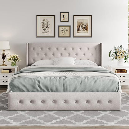 Allewie Queen Size Lift Up Storage Bed, Button Tufted Headboard with Wingback, Hydraulic Support, No Box Spring Needed, Light Beige