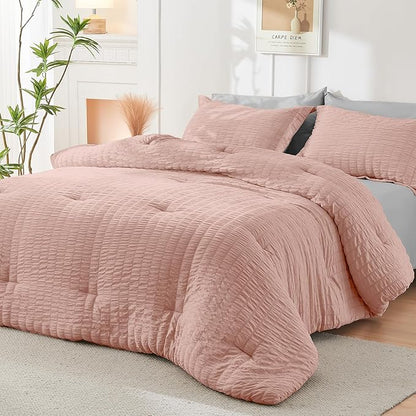 HYMOKEGE Rose Gold/Light Grey Twin Comforter Set Seersucker 5 Pieces, All Season Luxury Bed in a Bag for Bedroom, Bedding Set with Comforter, Sheets, Pillowcase & Sham