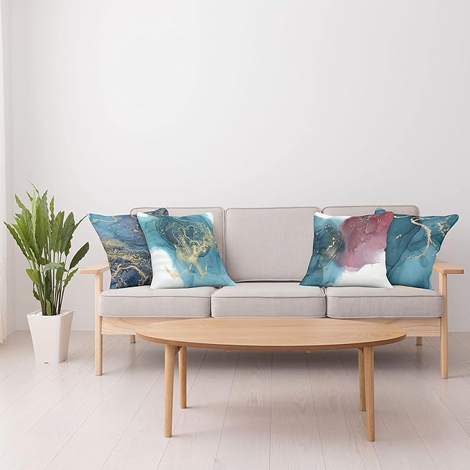 Ambesonne Marble Print Throw Pillow Cushion Case Pack of 4, Modern Style Hazy Stains and Blots Shadowy Effect Watercolor Look, Modern Accent Double-Sided Digital Printing, 16", Teal Pale Ruby Mustard
