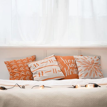 Ambesonne Modern Throw Pillow Cushion Case Pack of 4, Scandinavian Minimal Ornaments Boho Feather Leaves and Home Phrase, Modern Accent Double-Sided Digital Printing, 20", Pale Tan and Burnt Orange