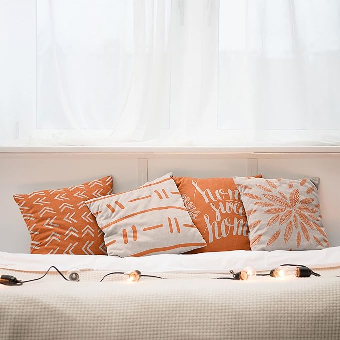 Ambesonne Modern Throw Pillow Cushion Case Pack of 4, Scandinavian Minimal Ornaments Boho Feather Leaves and Home Phrase, Modern Accent Double-Sided Digital Printing, 18", Pale Tan and Burnt Orange