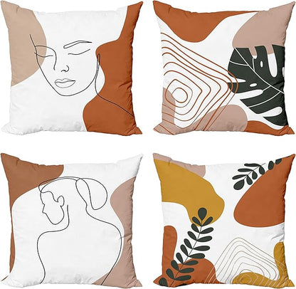 Ambesonne Minimal Throw Pillow Cushion Case Pack of 4, Modern Line Art Woman Portrait with Contemporary Leafy Geometric Details, Modern Accent Double-Sided Digital Printing, 24", Rust Tan and Mustard