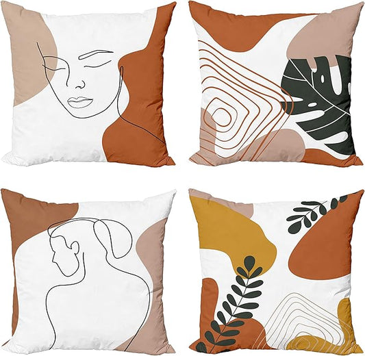 Ambesonne Minimal Throw Pillow Cushion Case Pack of 4, Modern Line Art Woman Portrait with Contemporary Leafy Geometric Details, Modern Accent Double-Sided Digital Printing, 24", Rust Tan and Mustard