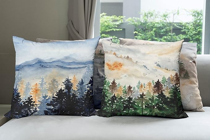 Ambesonne Forest Throw Pillow Cushion Case Pack of 4, Watercolor Painting of Nature Landscape Hazy Mountains and Pine Trees, Modern Accent Double-Sided Digital Printing, 18", Blue Emerald and Cocoa