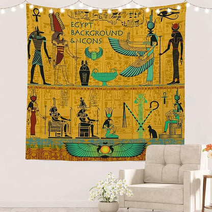 Batmerry Yellow Ancient Egyptian Tapestry, Horus Wall Art Hanging Decoration Polyester Fiber White Ruffled Around for Dorm Room Bedroom Living Room, 59.1x59.1 inches