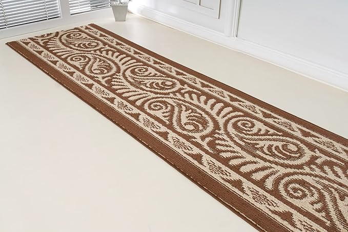 Custom Length Cut to Size Tribal Ethnic Southwestern Inspired Hallway Runner Rug, Non Slip Rubber Backed, 31 inch Wide X Customized Length, Mayan Brown, 31 inch X 18 feet