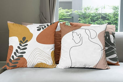 Ambesonne Minimal Throw Pillow Cushion Case Pack of 4, Modern Line Art Woman Portrait with Contemporary Leafy Geometric Details, Modern Accent Double-Sided Digital Printing, 24", Rust Tan and Mustard