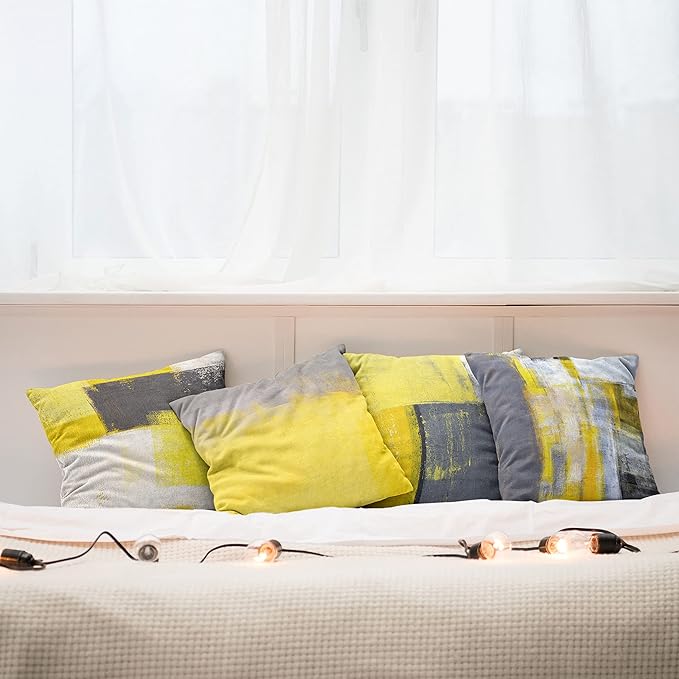 Ambesonne Modern Decorative Throw Pillow Covers Pack of 4, Abstract Grunge Themed Geometric Squares Paintbrush Stroke, Ornament for Home Accent Double-Sided Cases Digital Printing, 18", Yellow Grey