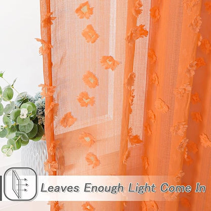 MYSKY HOME Orange Sheer Short Curtains with Pom Pom for Small Windows Bedroom Nursery Kids Girls Room Curtains Cafe Kitchen Light Filtering Boho Drapes, Rod Pocket,52 x 54 Inches, 2 Panels