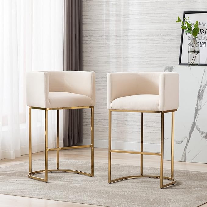 Modern Counter Height Linen Upholstered Bar Stools Set of 2, 32" Kitchen Counter Island Stools Bar Chairs with Gold Metal Frame for Kitchen Island, Cream