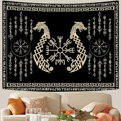 OSUNBD Nordic Vikings Tapestry, Small 4030 inches Soft Flannel, Vegvsir Symbol Twins Dragons Celtic Rune Scandinavian Aesthetic Mythology Tapestry Wall Hanging for Bedroom Living Room Decor