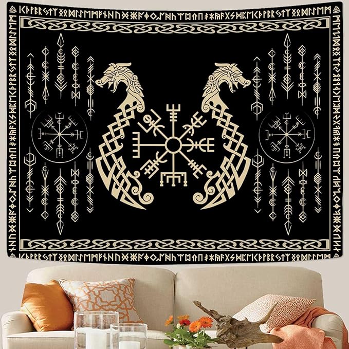 OSUNBD Nordic Vikings Tapestry, Small 6040 inches Soft Flannel, Vegvsir Symbol Twins Dragons Celtic Rune Scandinavian Aesthetic Mythology Tapestry Wall Hanging for Bedroom Living Room Decor
