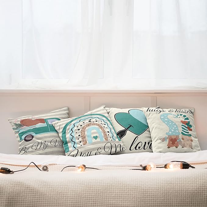 Ambesonne Romantic Throw Pillow Cushion Case Pack of 4, Love Hearts Arrow You and Me Be My Valentine Hugs Kisses Lettering, Modern Accent Double-Sided Digital Printing, 16", Teal Ivory Pale Eggshell