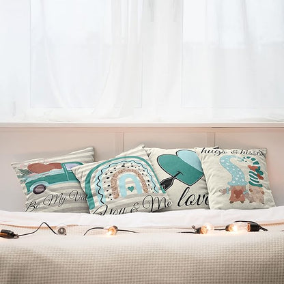 Ambesonne Romantic Throw Pillow Cushion Case Pack of 4, Love Hearts Arrow You and Me Be My Valentine Hugs Kisses Lettering, Modern Accent Double-Sided Digital Printing, 16", Teal Ivory Pale Eggshell