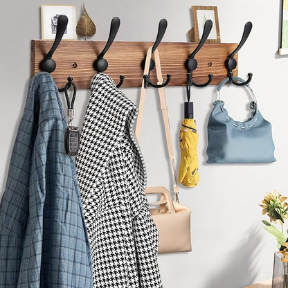 Coat Rack Wall Mount Wooden Hat Rack for Wall Hooks Pine Real Wood Plank 16.9" Brown Coat Hanger with 5 Triple Hooks for Hanging Coat Hat Jacket