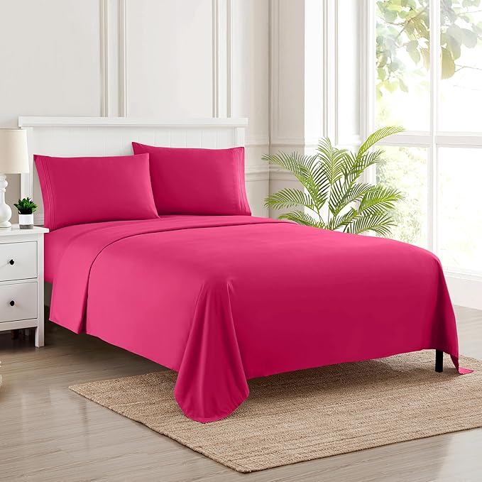 RV Short Queen Sheet Set with Built-In Sheet Straps -✅ Deep Pocket Recreational Vehicle Camper Size Fitted Sheet, Flat Sheet & Pillowcases -✅ Soft, Wrinkle-Free, Secure Fit -✅ Fuschia
