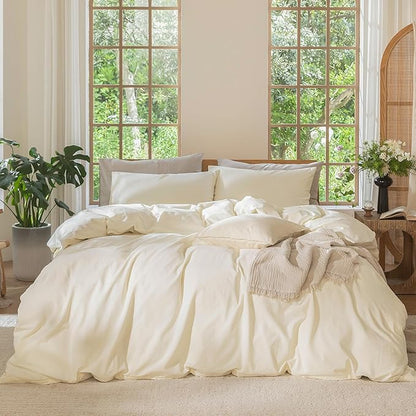 MooMee Bedding Duvet Cover Set 100% Washed Cotton Linen Like Textured Breathable Durable Soft Comfy (Solid Cream White, Palatial King/Oversized King 120"x98")