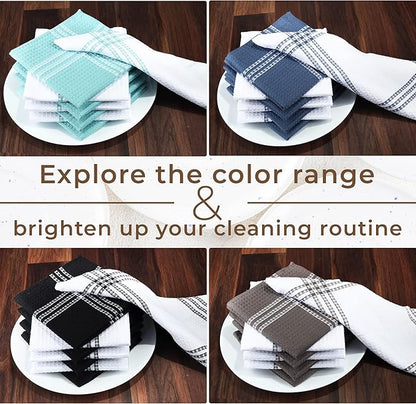 Urban Villa Cotton Dish Cloth Set of 8, Waffle Kitchen Cloth 12x12 Inch Highly Absorbent Soft Dish Cloths for Kitchen Cleaning & Drying Dishes Mitered Corner Dish Towels - Grey White, Checks