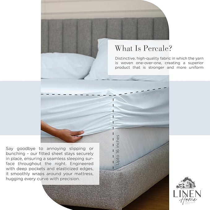 Linen Home 100% Cotton Percale Sheets California King Size, Blue Duck Egg, Deep Pocket, 4 Pieces Set - 1 Flat, 1 Deep Pocket Fitted Sheet and 2 Pillowcases, Crisp Cool and Strong Bed Linen