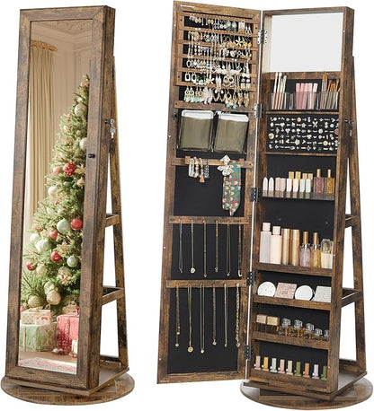SONGMICS 360° Swivel Jewelry Cabinet, Lockable Jewelry Organizer with Full-Length Mirror, Rear Storage Shelves, Interior Mirror, Jewelry Armoire, Christmas Gifts for Women, Rustic Brown UJJC006X01