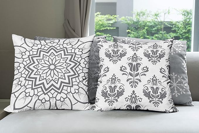 Ambesonne Retro Throw Pillow Cushion Case Pack of 4, Trellis Grid Medieval Floral Damask Mandala Flower Ornament in Modern Grayscale, Modern Accent Double-Sided Digital Printing, 20", Grey and White