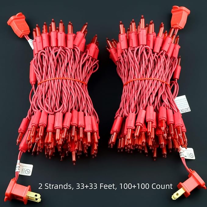 YULETIME 200 Red LED Christmas Lights with Red Wire, Pack of 2 Strands 33 Feet 100 Lights UL Certified Holiday String Light Set