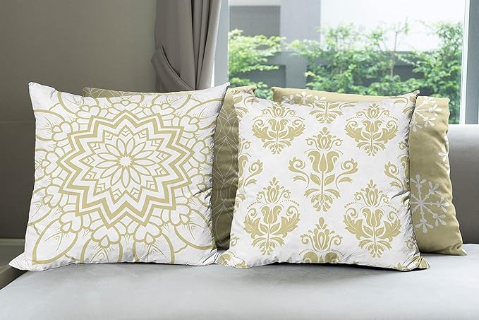 Ambesonne Retro Throw Pillow Cushion Case Pack of 4, Trellis Grid Medieval Floral Damask Mandala Flower Ornament in Modern Monochrome, Modern Accent Double-Sided Digital Printing, 20", Pale Khaki