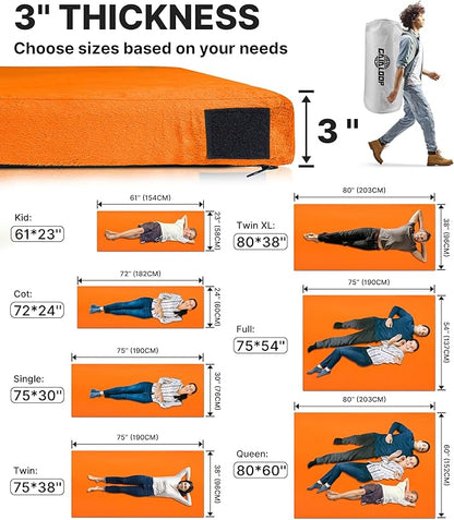 3 Inch GAIALOOP Thick Memory Foam Camping Mattress Sleeping Pad [Car/Tent/Cot] Glamping Portable Floor Mat Roll Up Futon Mattress for Guests Sleepover