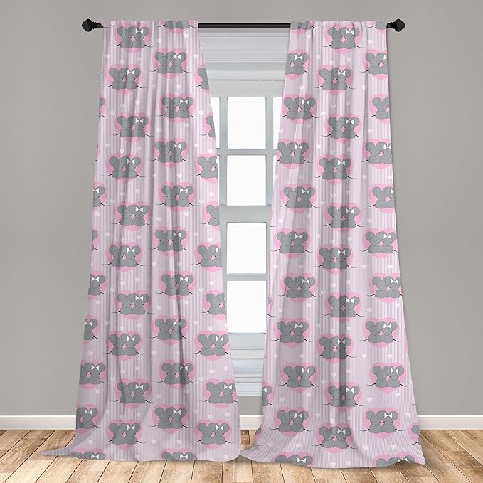 Ambesonne Pink and Grey Window Curtains, Little Mouse Characters with Hearts on Striped Backdrop Cartoon Lovers, Lightweight Decor 2-Panel Set with Rod Pocket, Pair of - 28" x 63", Grey Pink