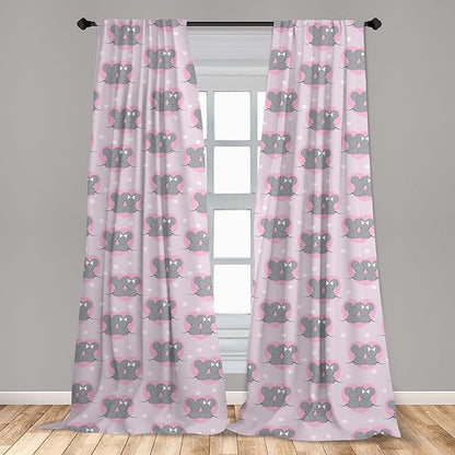 Ambesonne Pink and Grey Window Curtains, Little Mouse Characters with Hearts on Striped Backdrop Cartoon Lovers, Lightweight Decor 2-Panel Set with Rod Pocket, Pair of - 28" x 63", Grey Pink