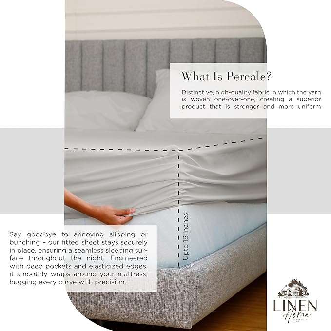 Linen Home 100% Cotton Percale Sheets Twin XL Size, Silver, Deep Pocket, 3 Pieces Set - 1 Flat, 1 Deep Pocket Fitted Sheet and 1 Pillowcase, Crisp Cool and Strong Bed Linen