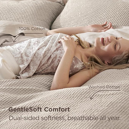 Bedsure 100% Cotton Duvet Cover King Size with Fitted Sheet - 4 Pieces Linen Color Waffle Weave Bedding Set, GentleSoft™ and Breathable, Includes 1 Duvet Cover 104x90, 1 Fitted Sheet, 2 Pillow Shams