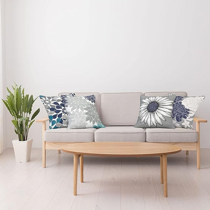 Ambesonne Floral Throw Pillow Cushion Case Pack of 4, Flower Petals Modern Color Palette Cold Tones Chamomile Peony Dahlia Sunflower, Modern Accent Double-Sided Digital Printing, 24", Grey Navy Blue