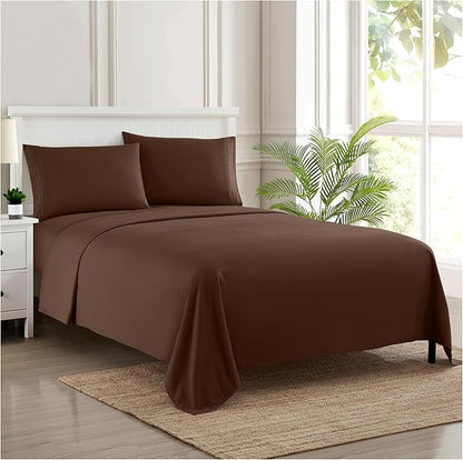 RV Queen Bed Sheets - Breathable Luxury Sheets with Full Elastic & Secure Corner Straps Built In - 1800 Supreme Collection Extra Soft Deep Pocket Bedding Set, Sheet Set, RV Short Queen, Brown