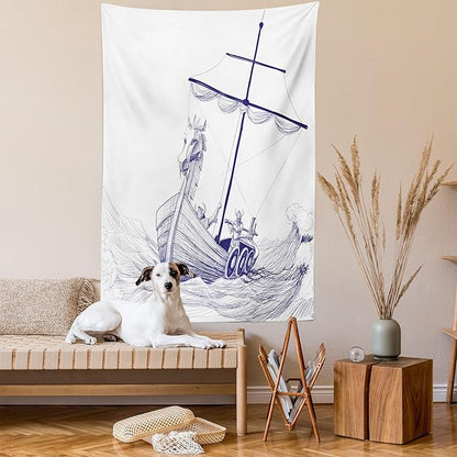 Lunarable Viking Tapestry, Drakkar Long Boat with Dragon on Bow of Ship Monochrome Marine Pattern, Fabric Wall Hanging Decor for Bedroom Living Room Dorm, 23" X 28", White Purple